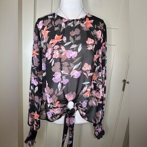 Bar III Floral Tie-Front Blouse – Black/Pink/Purple – Women’s‎ Large